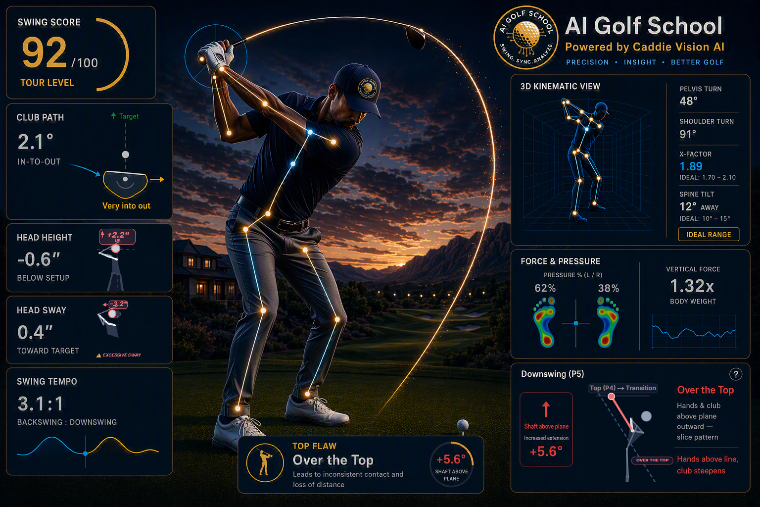 AI Golf School swing analysis overview — swing score, club path, 3D kinematic view, force and pressure, and Over the Top flaw detection, powered by Caddie Vision AI